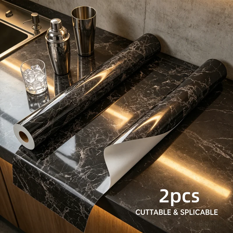 

2 Rolls of Dark Gray Marble-Effect Wall Decals—Heat- and Oil-Resistant, Self-Adhesive, for Furniture Refurbishment