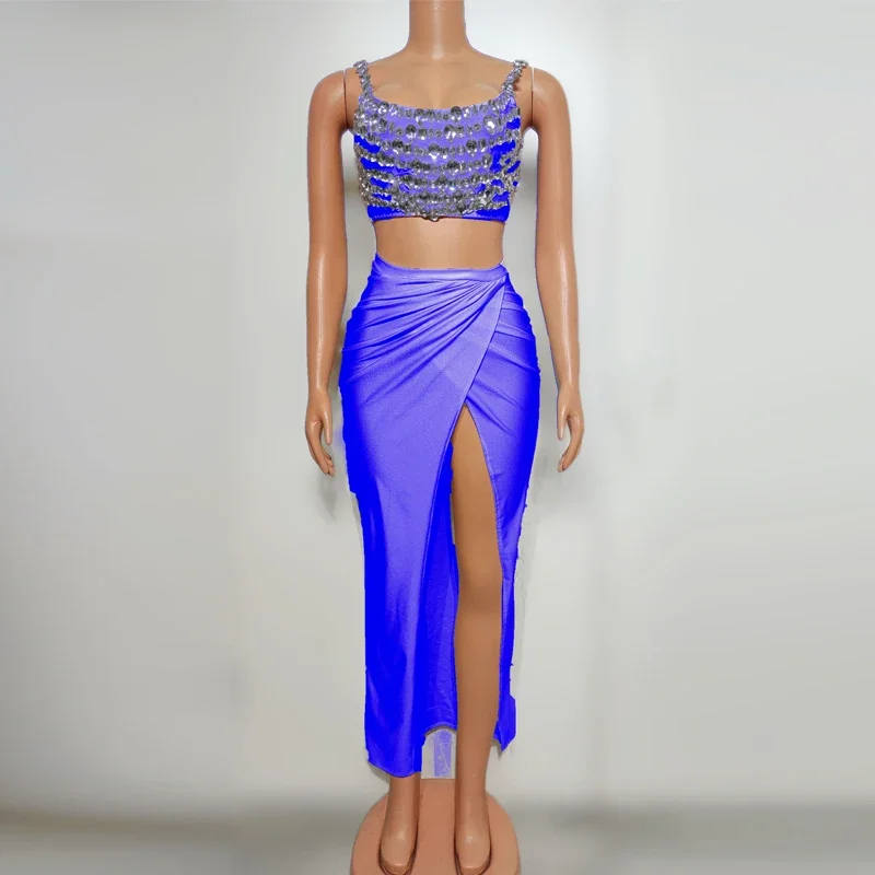 

Singer Festival Outfit Full Rhinestones Top Slit Skirt Women Party Gogo Costume Stage Performance Clothes