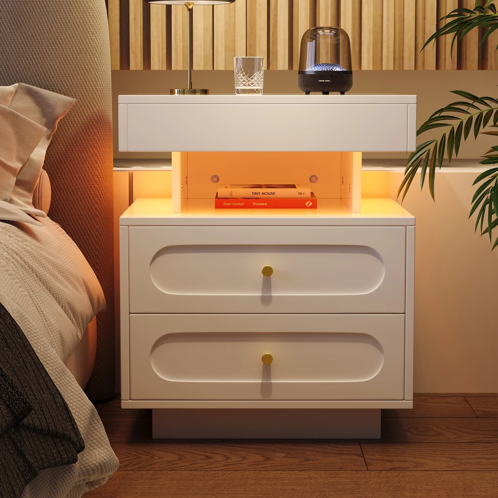 PINGGO LED-Nachttisch, 2 Stück, mit 2 Schubladen, 1 offener Stauraum, weißer Nachttisch, Größe 100 x 40 x 60 cm, Schlafzimmermöbel – Detail 8