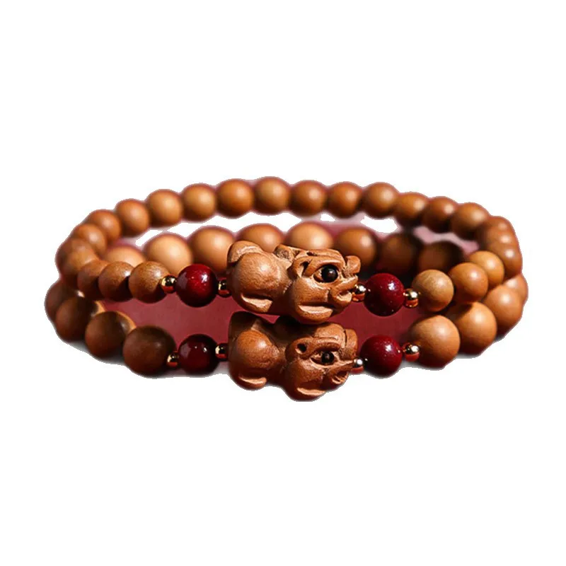 

Natural Old Peach Wood Pixiu Beaded Bracelet: Cinnabar Inlaid, for Year of the Horse Birth Year Luck & Protection Gifts