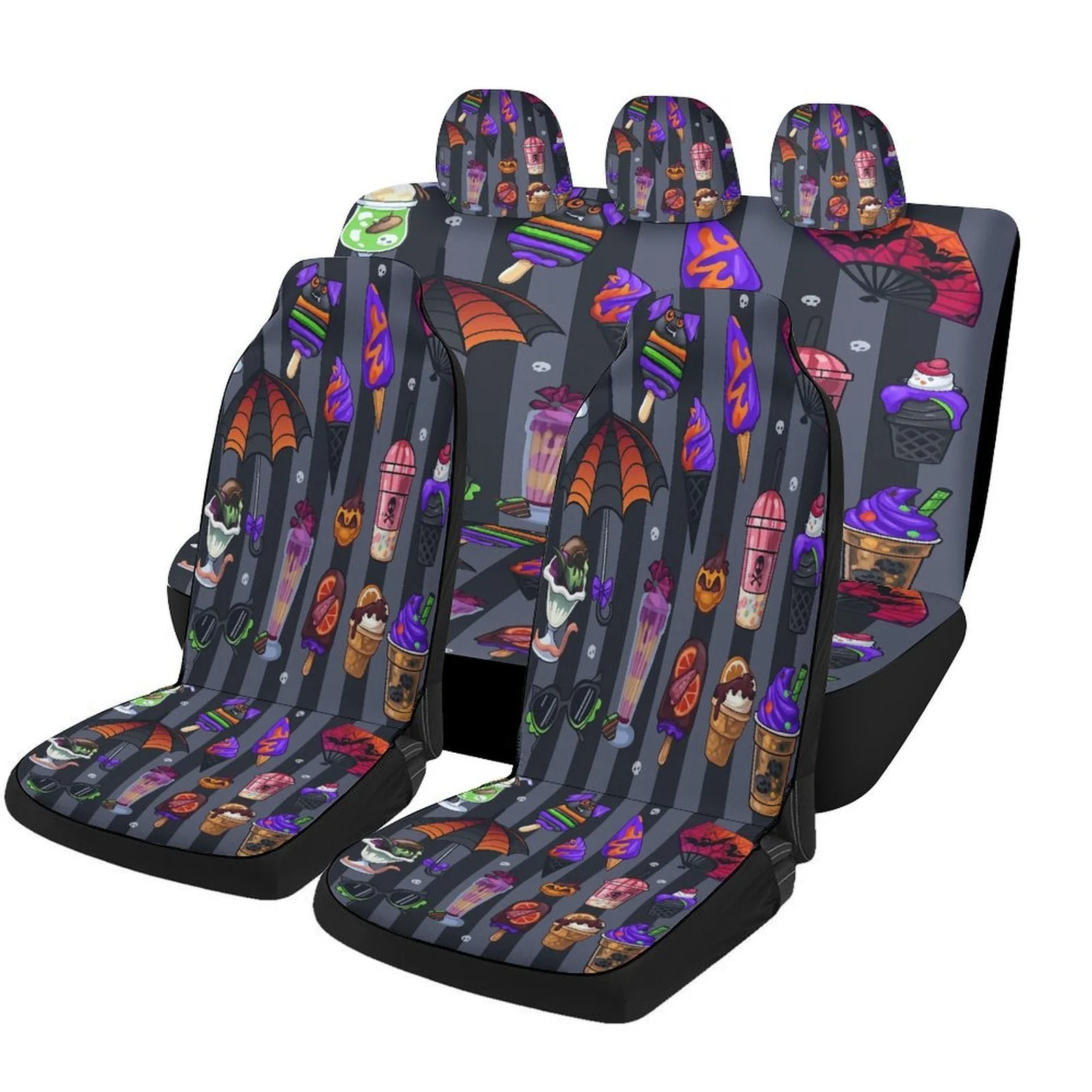 

Halloween Sweets Themed Car Seat Cover Set - Trendy High-Quality Polyester Full Set For 2 Front & Rear Seats, Ideal For All Seas