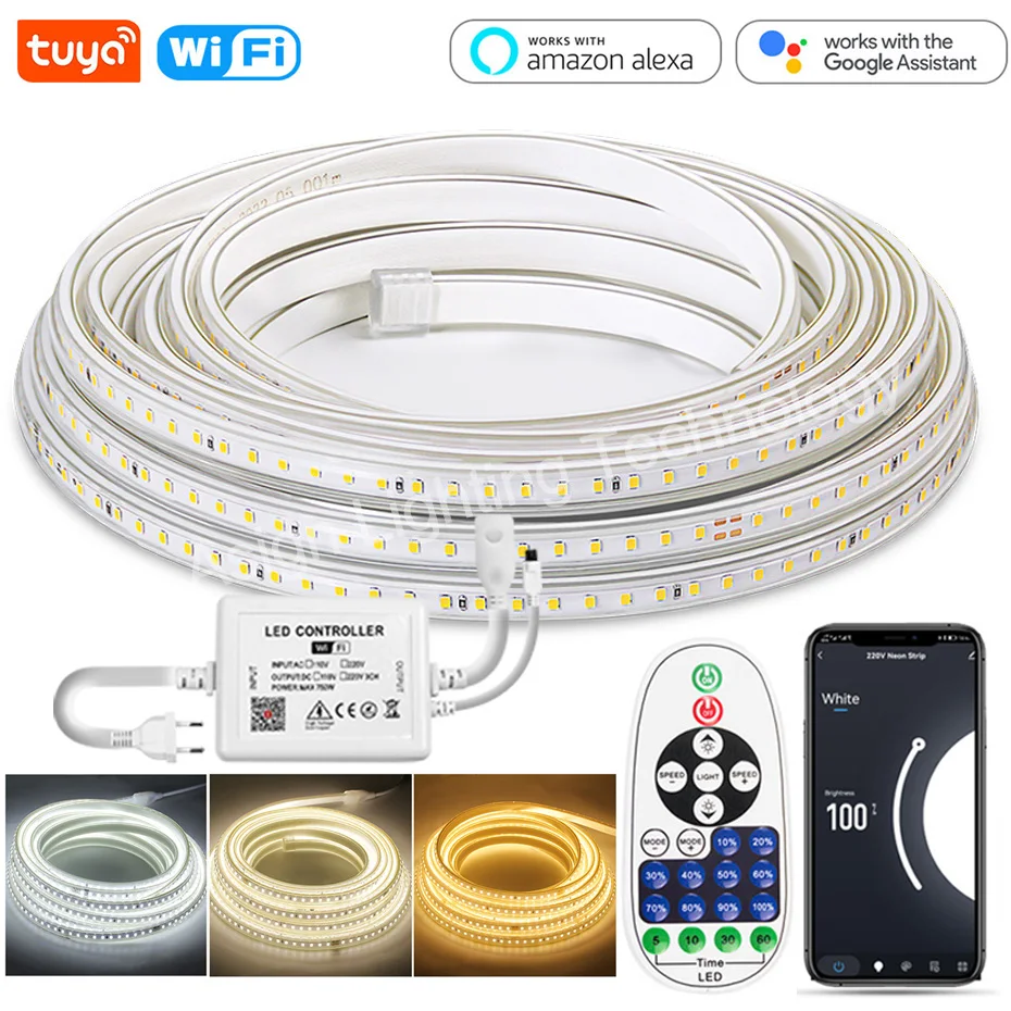 Tuya Smart LED Strip Lights 220V Waterproof 2835SMD Warm Nature Cool White Flexible Light Tape Wifi Bluetooth Remote Control