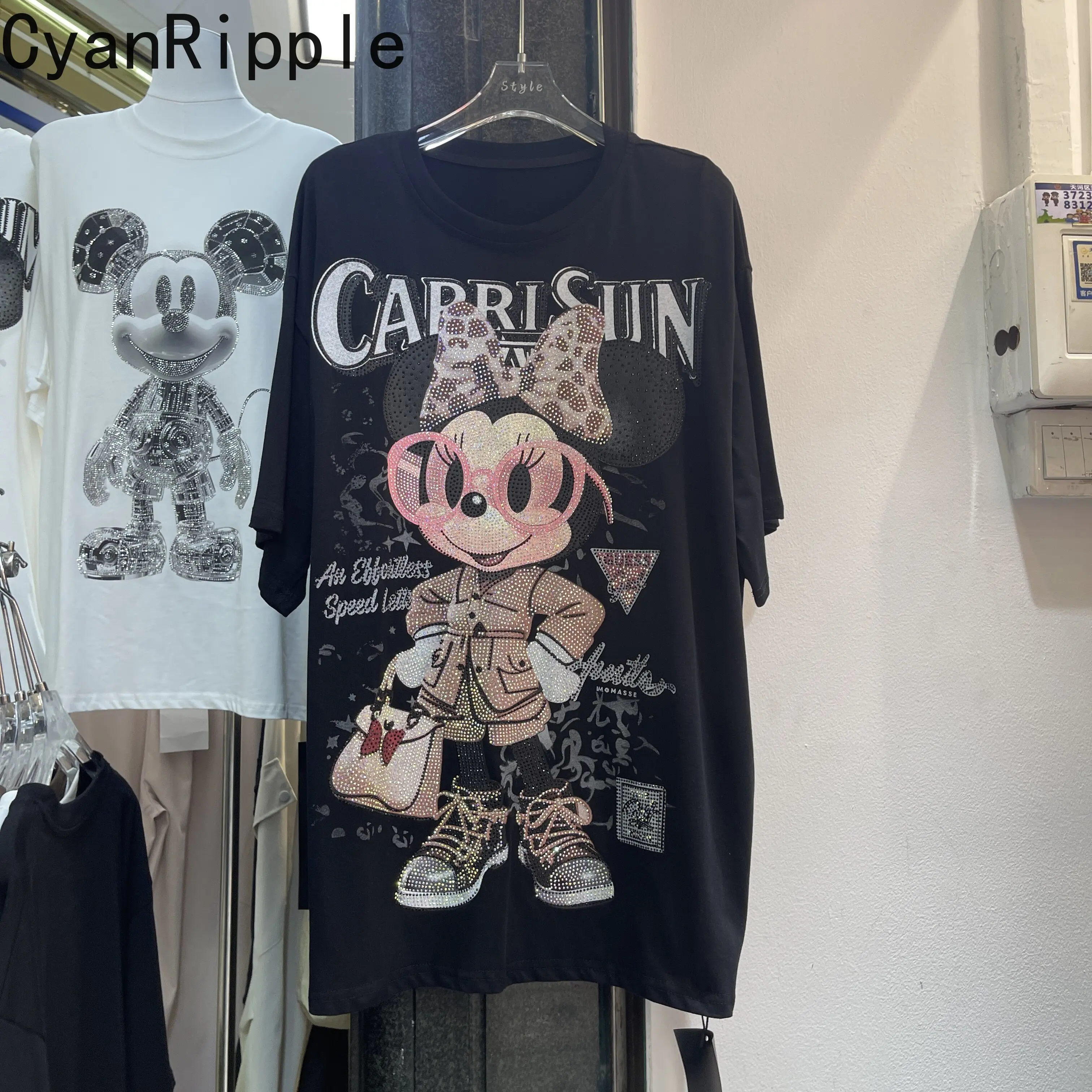 

Модный новый весенне-летний женский пуловер оверсайз с милым принтом Минни и стразами, удлиненная хлопковая футболка с коротким рукавом, повседневный топ