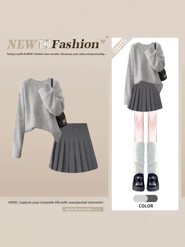 

Winter Versatile Simple Sle Knitted Set Women Loose Faionable round Ne ey Sweater High Waist Pleated Skirt Faion Set