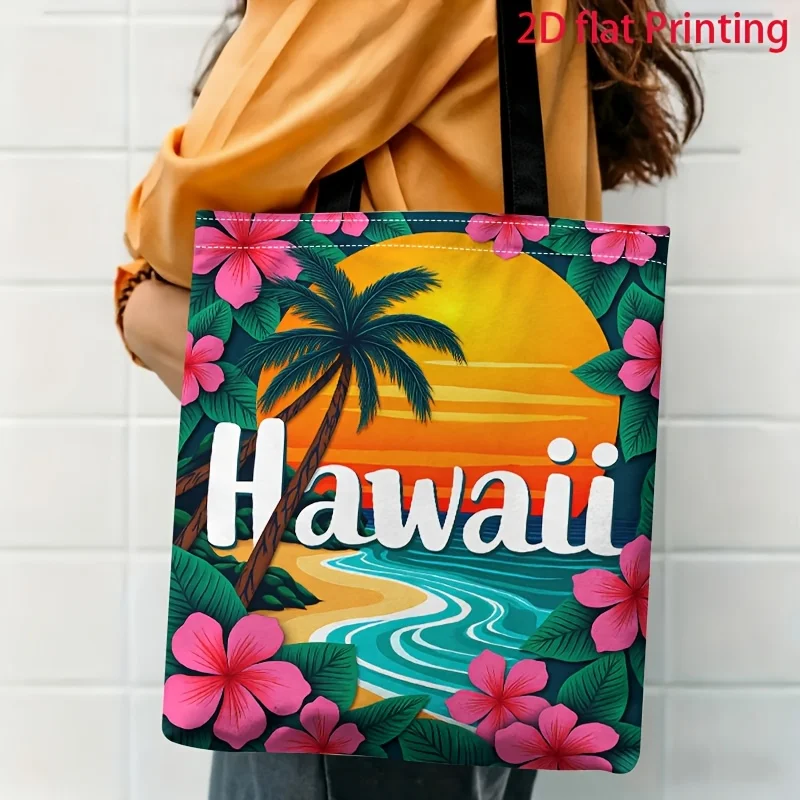 A Tote Bag Featuring a Hawaiian Sunset with Coconut Trees And Flowers, Perfect for Vacations Or Daily Commutes, Stylish with a F