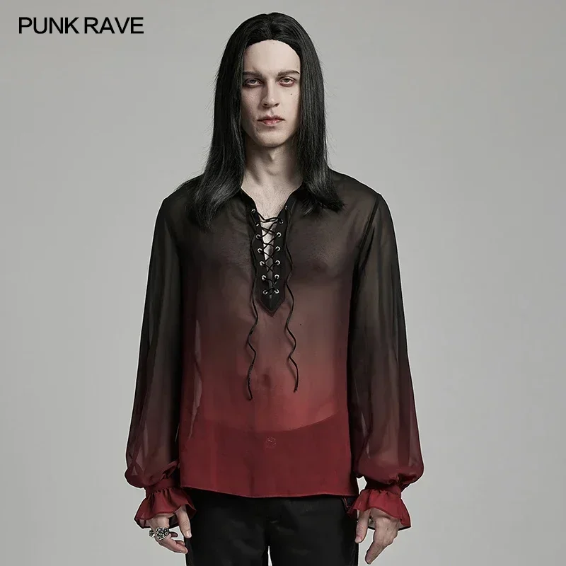 PUNK RAVE Men's Gothic Pattern Light Perspective Chiffon Gradient Shirt Classic Loose Gentleman Lantern Sleeves Tops