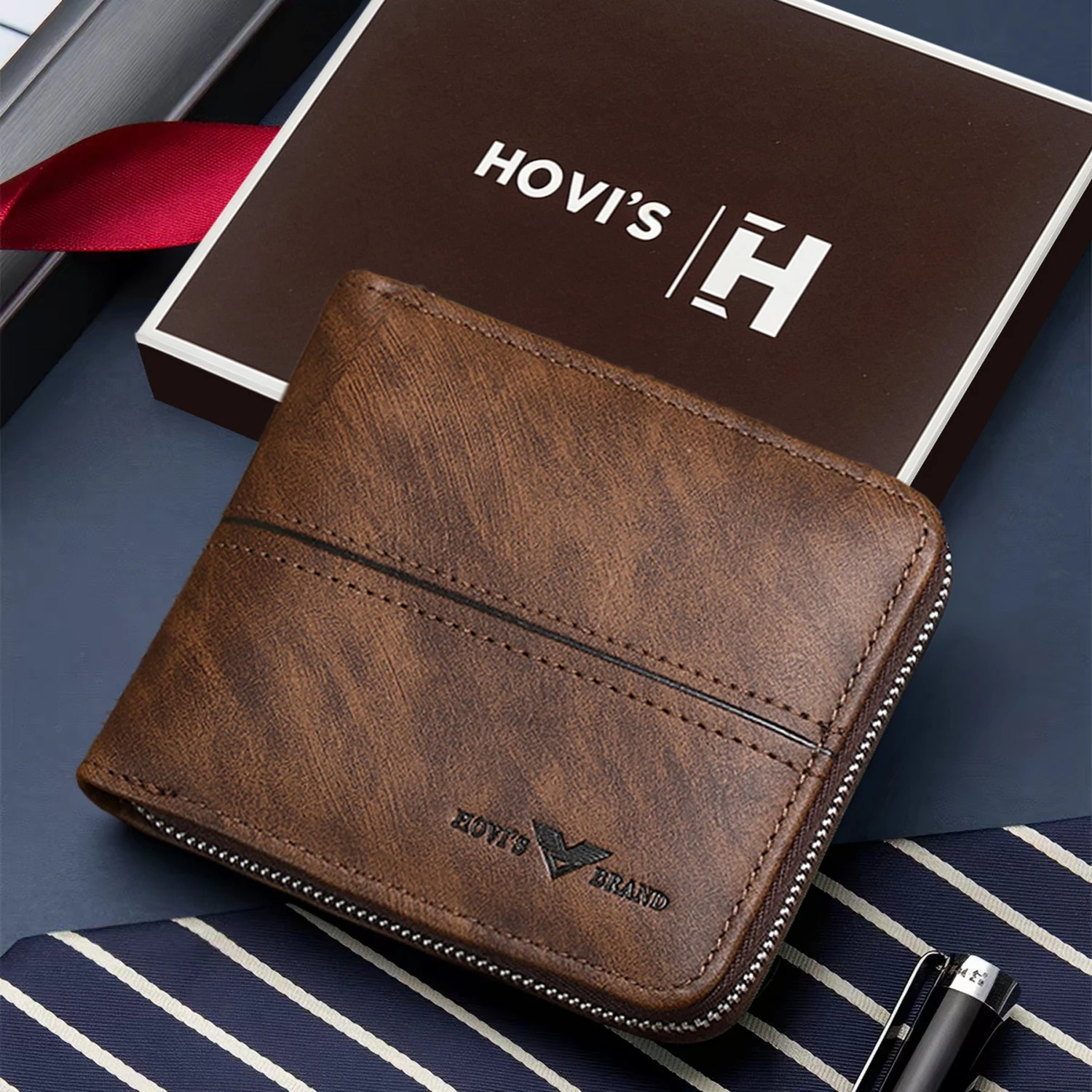 HOVI'S Men Short Zipper Wallet Vintage PU Leather RFID Blocking Bifold Purse, Multi Card Slots ID Window Coin Pocket