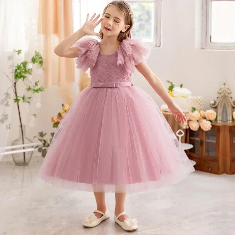 Ruffles Elegant Wedding Party Dress for Kids Girl Lace Flower Princess Dress for Girls Birthday Party Gown Holiday Kid\'s Dress