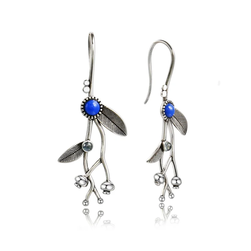 

Vintage Lapis Lazuli Mushroom Texture Leaves Dangle Earrings for Women Woodland Earrings