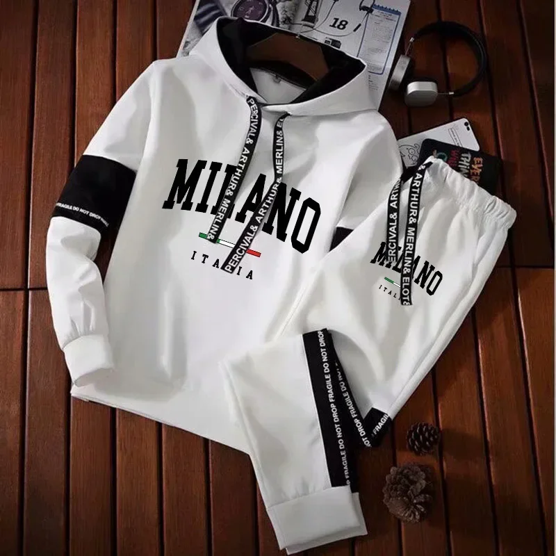 Men Milano Letters Print Sweatshirt Set Hoodies Sweatpants Tracksuit Design Outfits Jogger Suit Male Pullover Luxury Streetwear