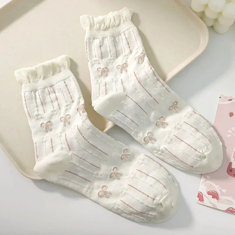 Simple White Socks Versatile Lovely Bowknot Small Flowers Women's Medium Tube Socks kawaii Harajuku jk Lolita Girls Cotton image 4
