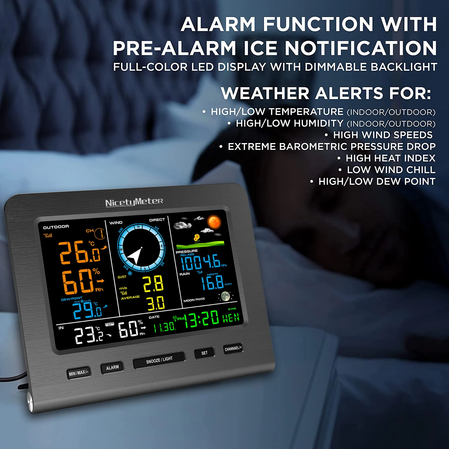 No WIFI Wireless Weather Station Weather Forecast Temperature Pressure Humidity Wind Gauge Rain Gauge Moon Phrase Alarm Clock