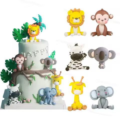 Animals Cake Topper Jungle Safari Birthday Cake Decorations Lion Monkey Elephant Zebra Giraffe Cake Toppers Wild Birthday Decor
