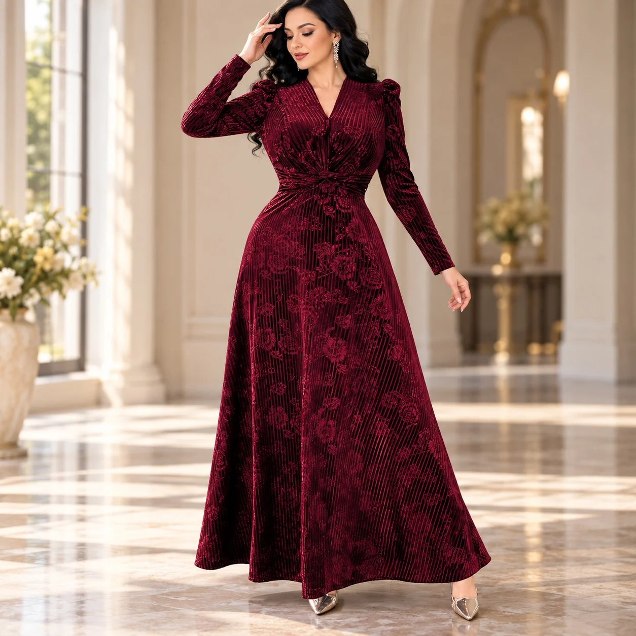 Long Sleeve V Neck Gown Maxi Length Commuter Chic with Flared Side Zip Elegant Flared Skirt Dress Summer Long Dress for Women