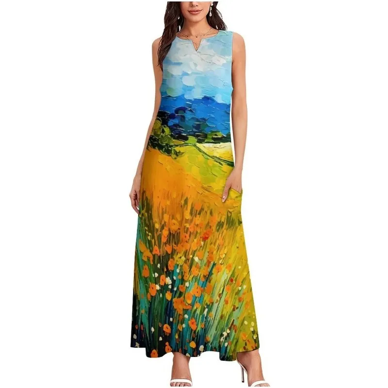 New women's V-neck sleeveless dress with elegant and sexy style oil painting print pattern fashionable dress for women in summer