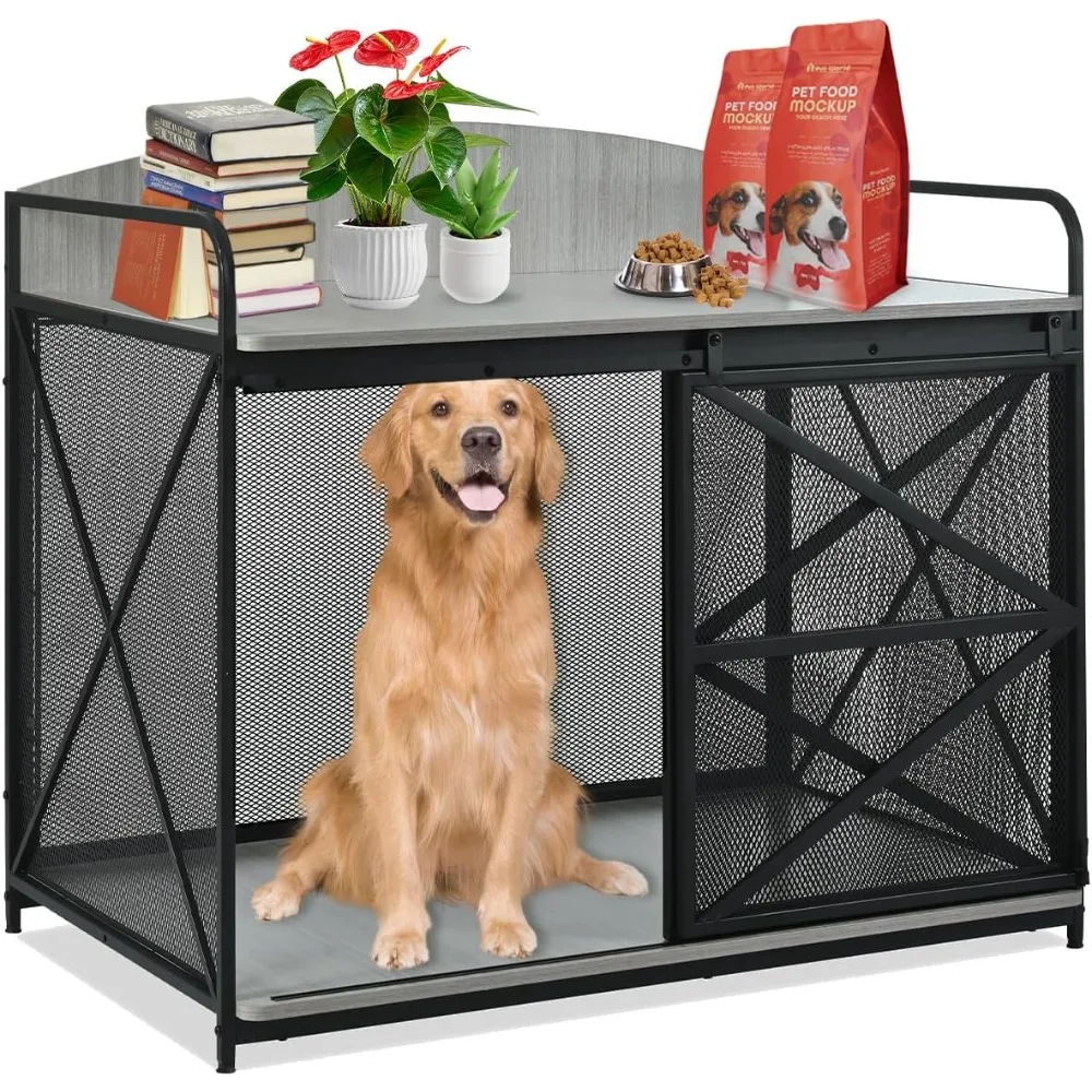 

42.8 Inch Dog Crate Furniture, Dog Kennel Indoor with Sliding Barn Door, Heavy Duty Dog Cage for Small/Medium/Large Dogs, Farmho