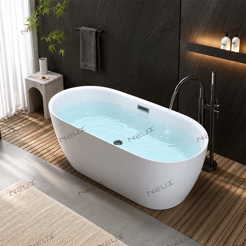 Glossy White Free Standing Acrylic Bathtub Boat Shape For Soaking Comfortable And Stylish