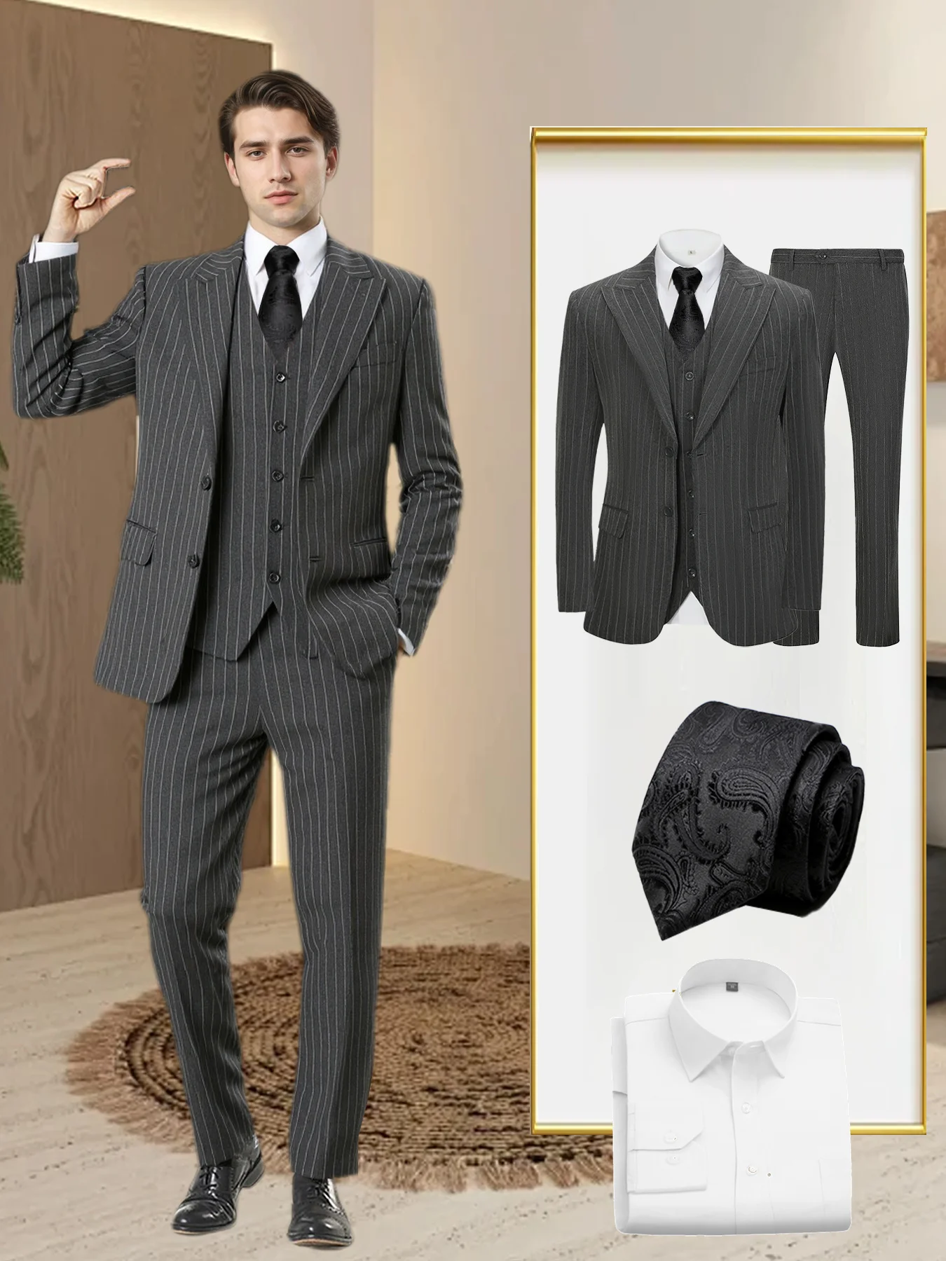 

Men's 5-piece vertical striped suit+double button jacket+pants+white shirt+black tie, suitable for wedding/business/daily wear