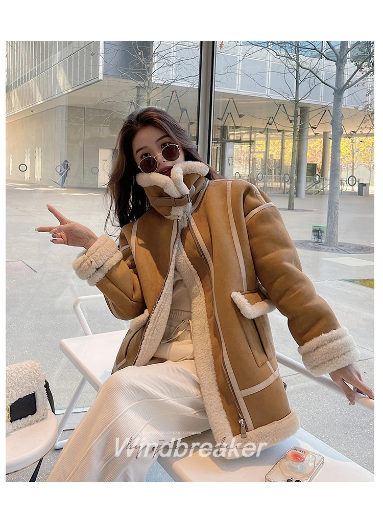 

Spliced Thickness Lambswool Overcoat Female New Fashion Winter Loose Snow Warm Outwear Women Jacket Faux Leather Coat 2023 New