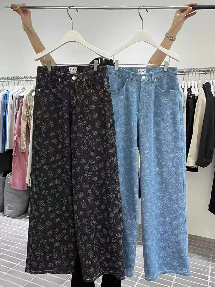 

Faionable Printed Casual Denim Pants High Waist Wide Leg Pants hine Embroidery Commute Sle Wear Resistant Long Trousers