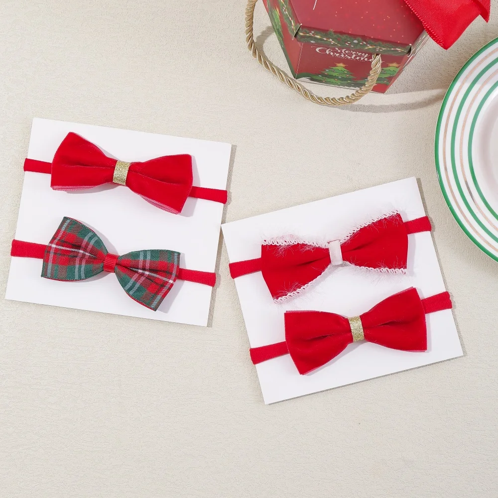 2Pcs/set Baby Girls Christmas Headbands Soft Elastic Velvet Plaid Red Bow Hair Band for Newborn Baby Toddler Hair Accessories