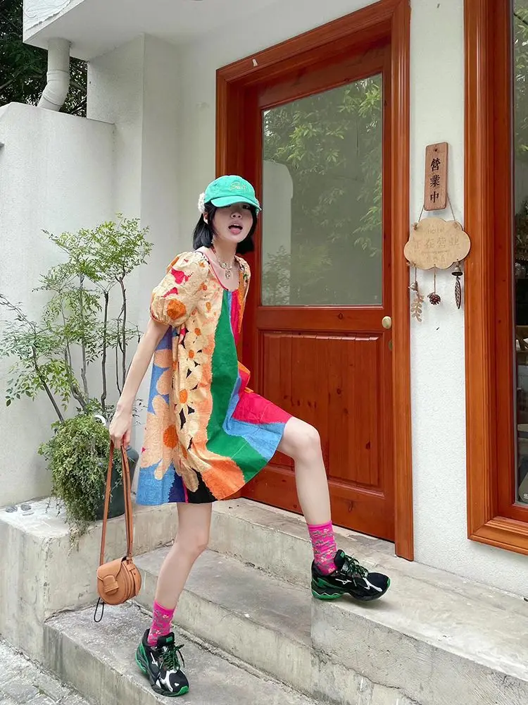 2024 Summer New Sweet Bubble Sleeve Rainbow Color Blocked Printed Fashion Dress