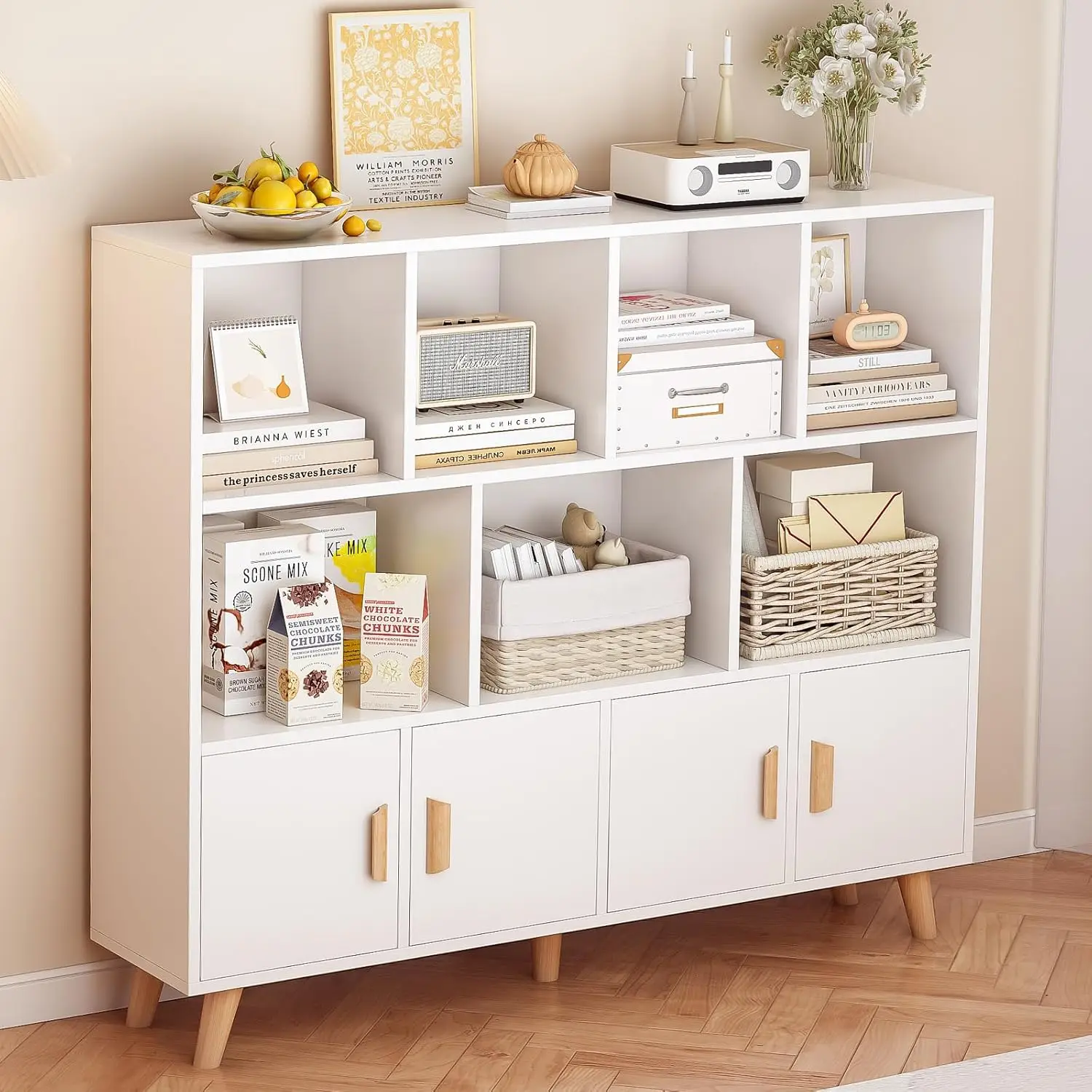 

Shelf Bookcase with Doors - Wooden 11 Cube Floor Standing Open Bookshelf with Solid Wood Legs, 3-Tier Storage Cabinet