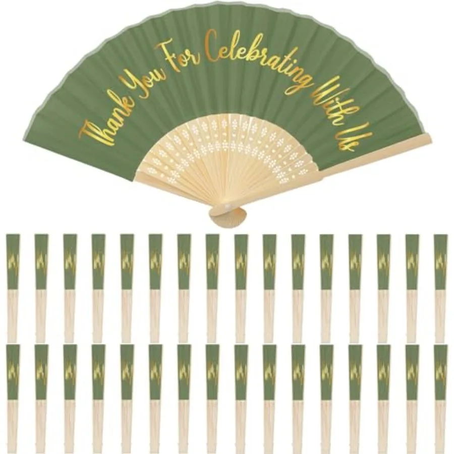 

50 Pcs Green Silk Hand Fans Bulk Wedding Fans for Guests Handheld Folded Thanks for Celebrating with Us Wedding Favors for Brid