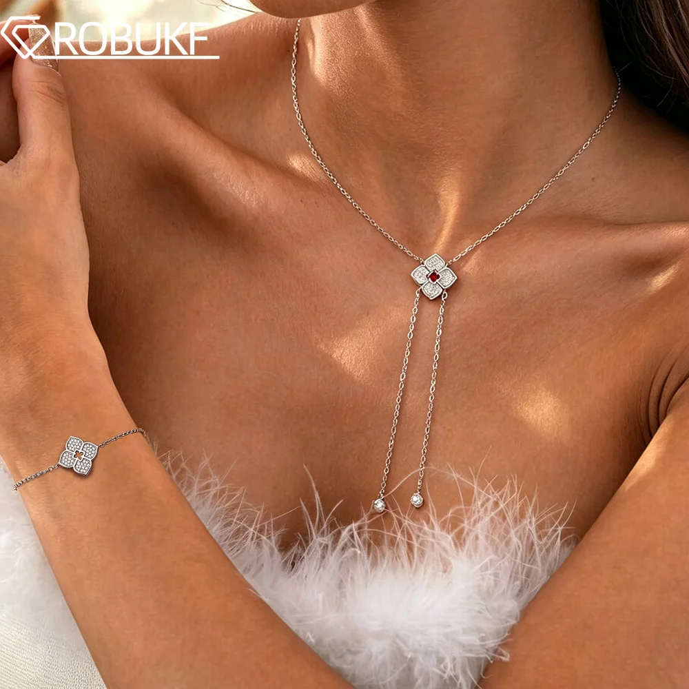 Flower Full Moissanite Jewelry Set for Women Girls Lariat Y Drop Pendant Necklaces Bracelet S925 Silver Jewelry Birthday Gifts
