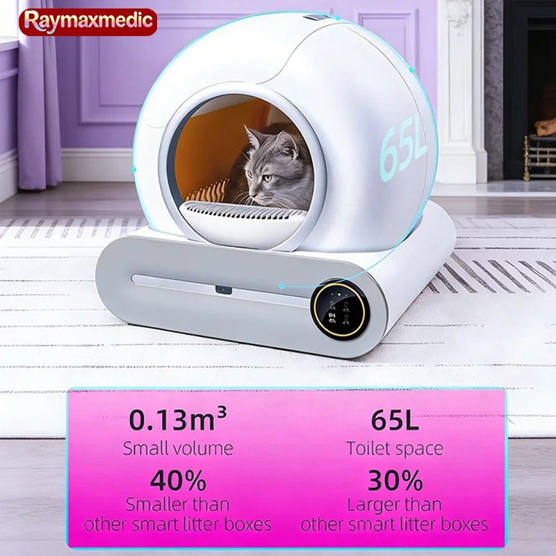 

Автоматический умный туалет для кошек Raymax 65L с функцией самоочистки, полностью закрытый лоток для кошачьего туалета, английская версия.