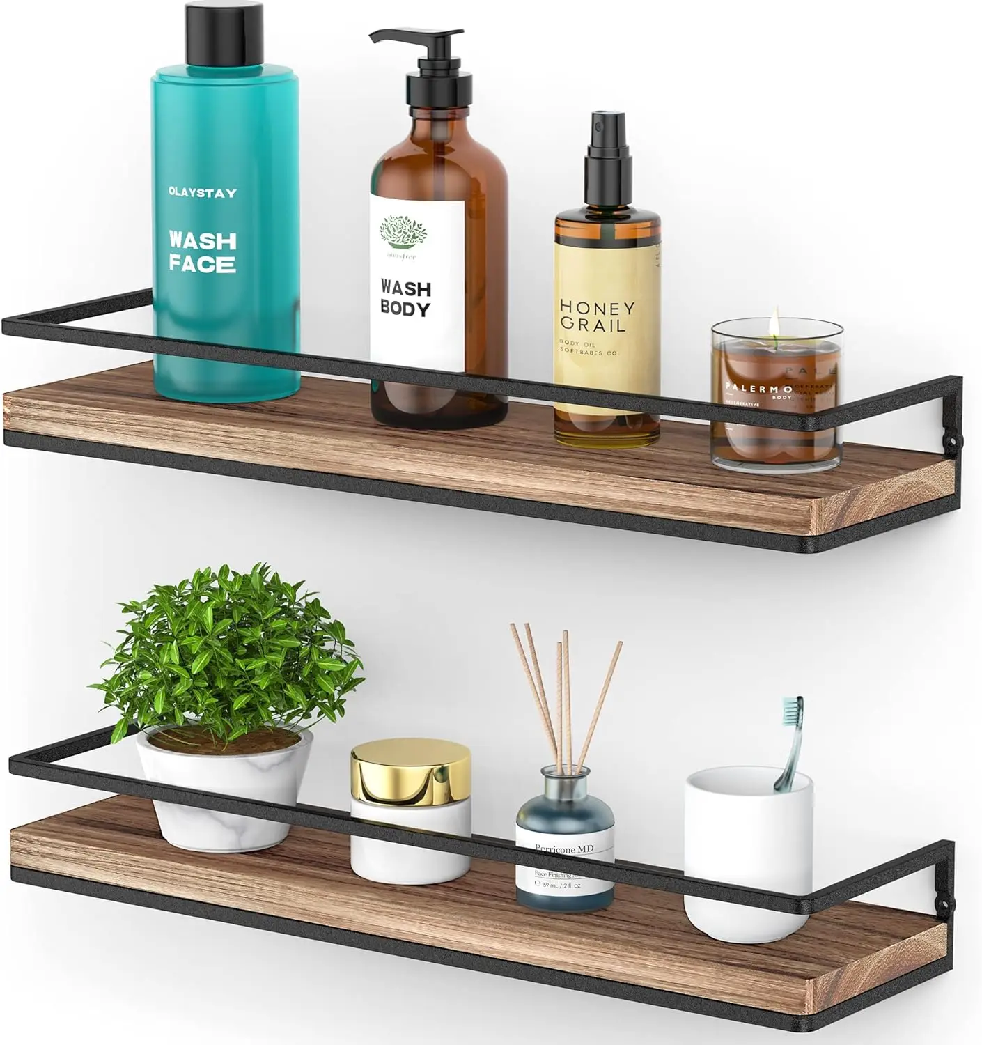 

Rustic Wall Mounted Shelves Set of 2, Torched Wood Floating Shelves for Living Room, Bedroom, Bathroom, Kitchen