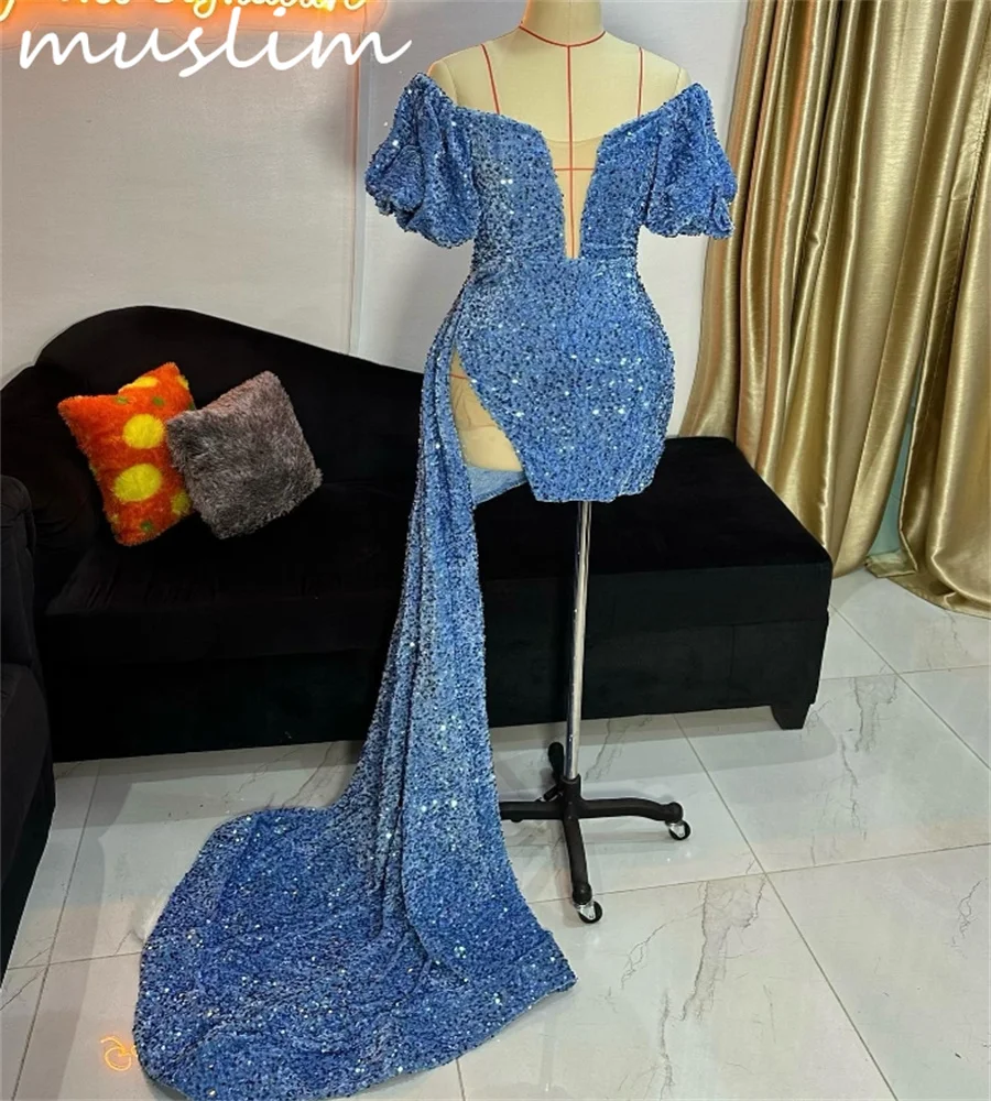 Glitter Sequin Blue Short Prom Dresses With Train Off Shoulder Sheath Mini Short Black Girls Party Dress Sparkly African Evening