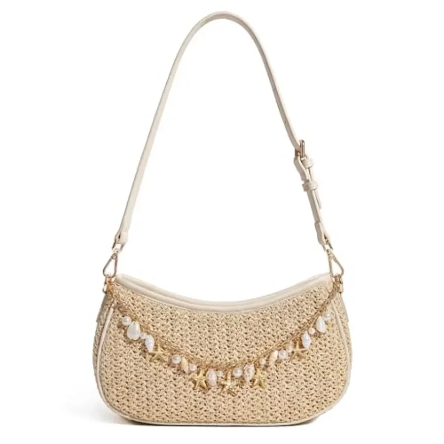 

CHUNLI Straw Shoulder Bag for Women, Boho Woven Raffia Hobo Purse with Charm Chain, Adjustable Strap Summer Beach Vacation