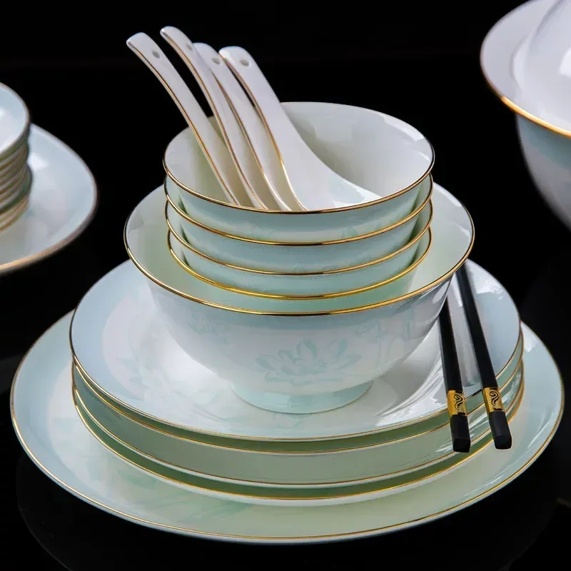 Bone China Tableware Set Light Luxury Simple Porcelain Bowls and Plates Household High End Dinnerware Set
