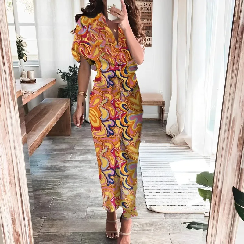 2023 Primavera e verão novo temperamento de manga curta feminino pendulares cintura alta impresso vestido longo