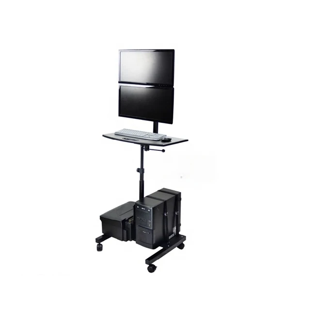 Mobile rotating Alu vertical position Dual screen sit to stand Cart with large work table and Bottom shelf  mount pc case