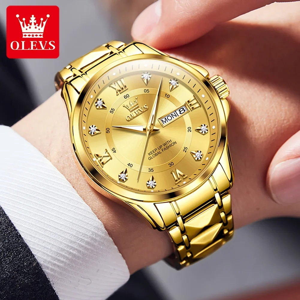 OLEVS, reloj dorado para hombre, marca superior, reloj de cuarzo de acero inoxidable de lujo para hombre, reloj con fecha, reloj de pulsera resistente al agua, reloj calendario para hombre