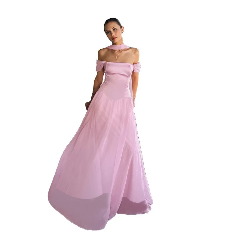 WQ25222PFO فستان طويل أنيق الأكثر مبيعًا مع فستان من الساتان والشبكة مكشوف الكتفين