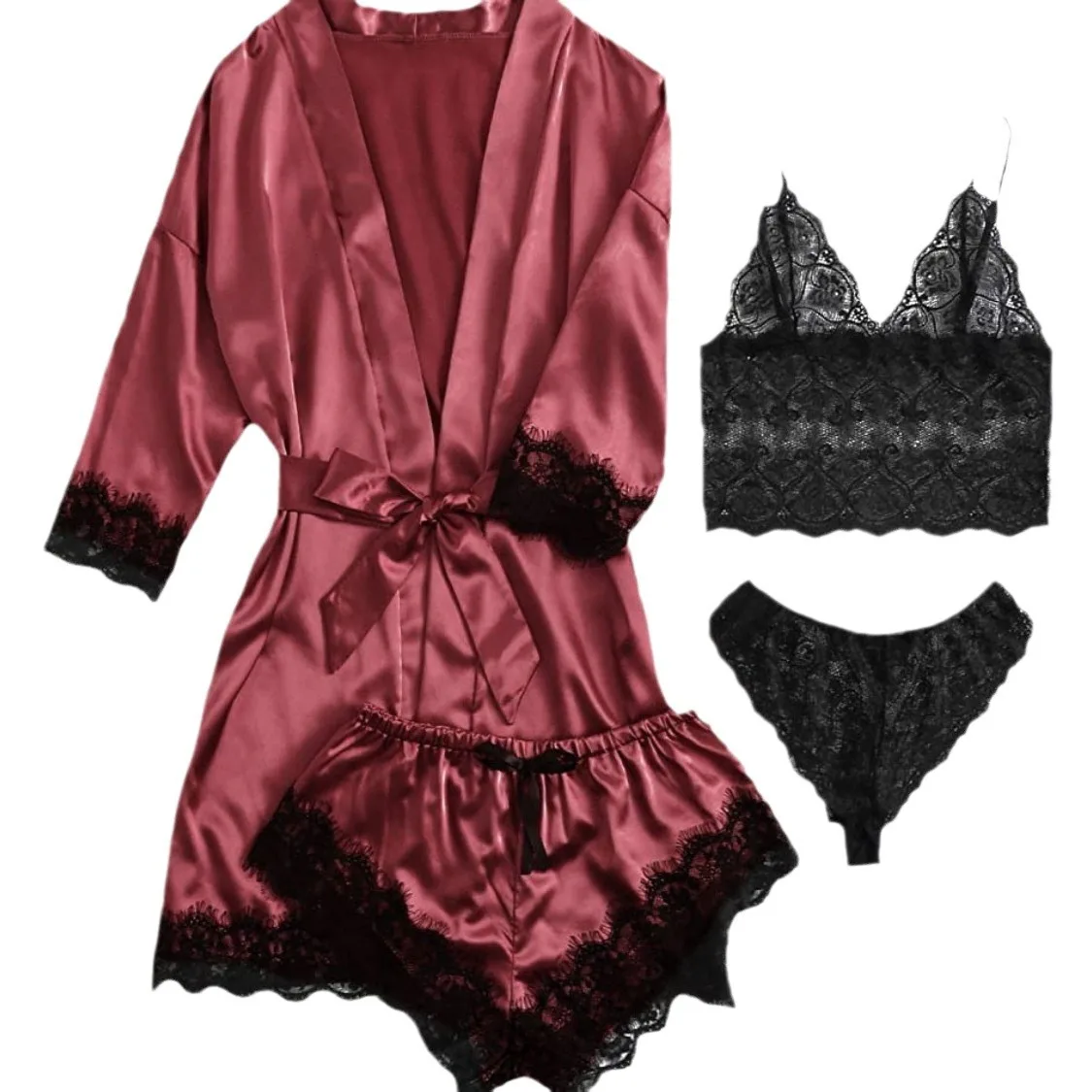 Set di quattro pezzi di indumenti da notte alla moda, set di bretelle in raso con bordi in pizzo sexy, abito, comoda camicia da notte casual