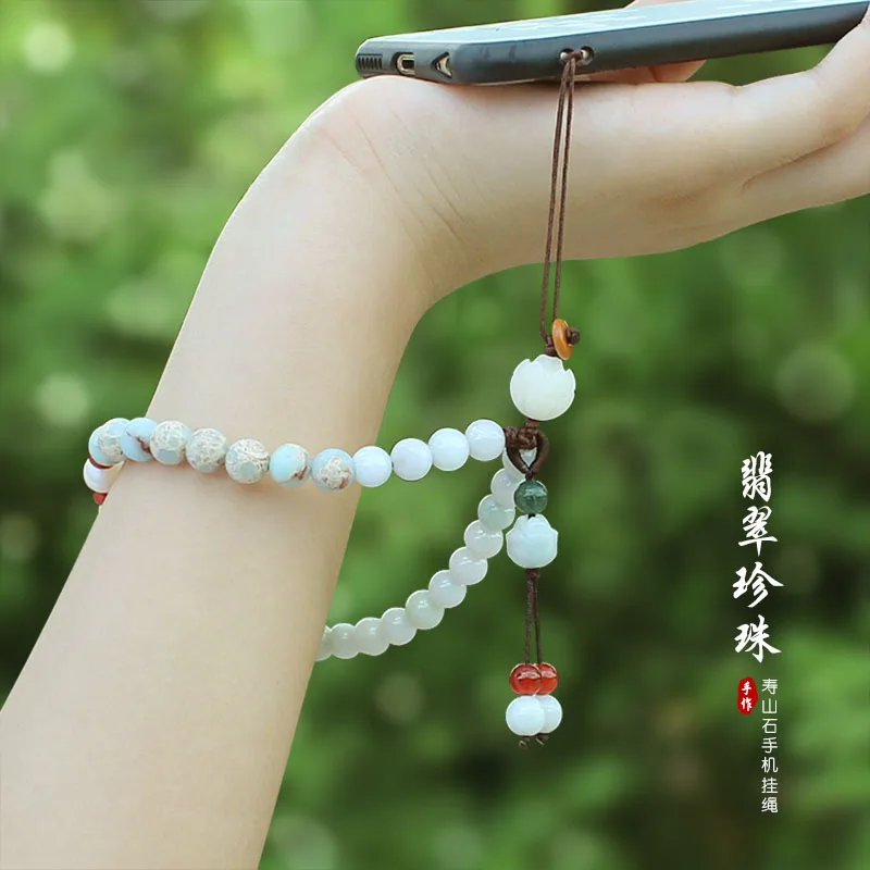 DIY accessories Chinese style jadeite pearl lotus mobile phone chain lanyard pendant men's and women's short personalized wrist
