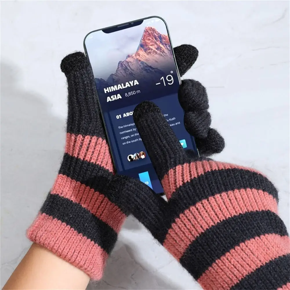 Fashion Knitting Warm Gloves Thicken Touch Screen Knitted Mittens Elastic Stripe All Finger Gloves for Women Girls