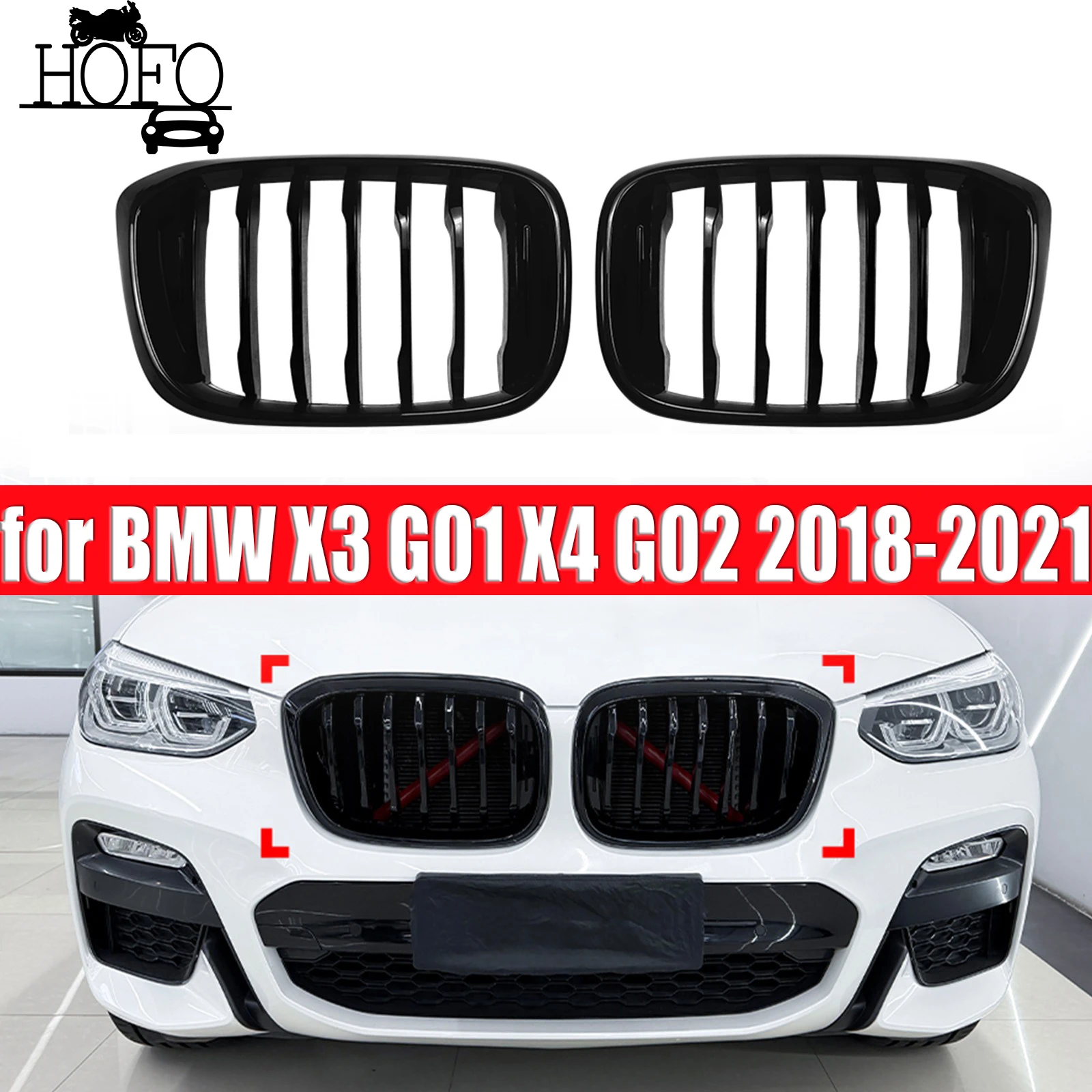 

For BMW X3 G01 X4 G02 2018-2021 Gloss Black Front Bumper Kidney Grille Pair