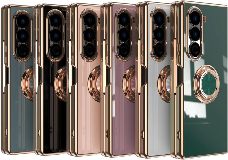 Luxury Plating Silicone Shockproof Bumper Case for Samsung Galaxy Z Fold 7 6 5 4 ZFold Fold6 Fold5 Fold4 Cover with Ring Holder