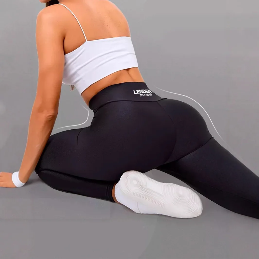 Pantalon brillant taille haute pour femmes, lettres serrées, estampage à chaud, sport, Fitness, Yoga, neuf points, élégant, entraînement, course à pied, Leggings longs