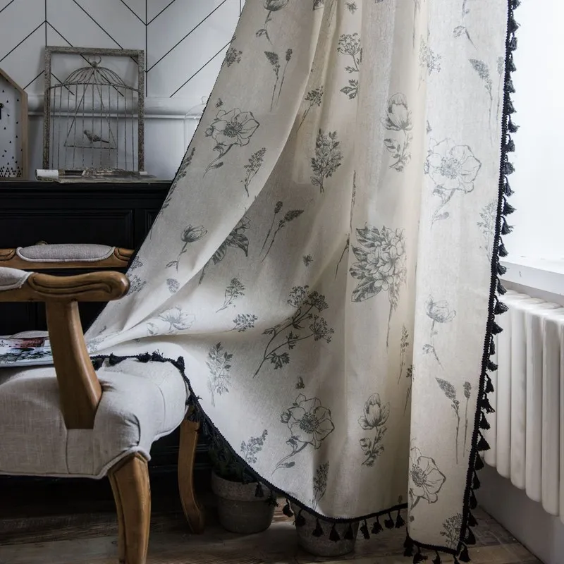 

Cotton Linen American Floral Blackout Window Curtains with Tassel for Bedroom Kitchen Curtains Pastoral Style Living Room Drape