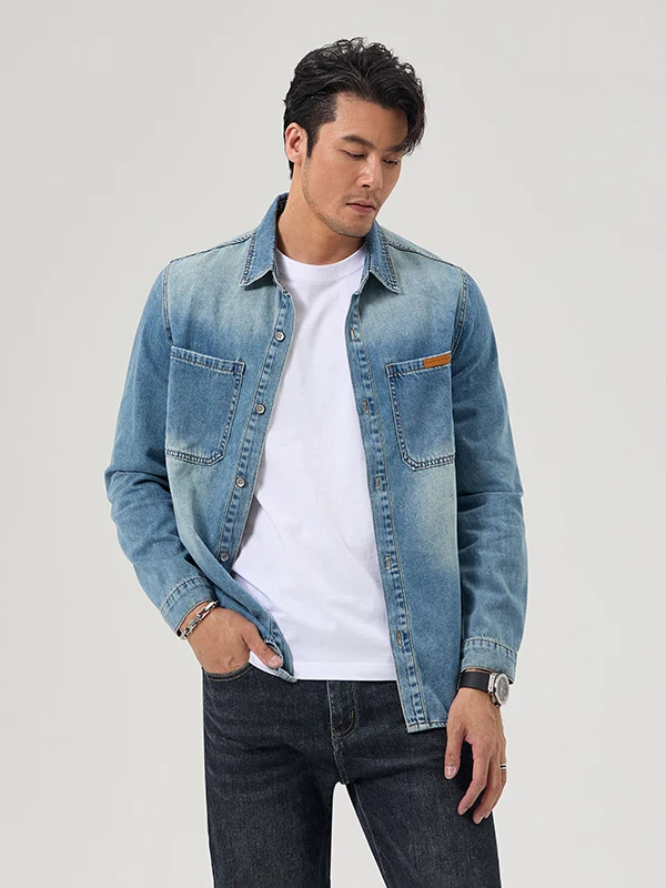 

High-End Retro American Denim Shirt Men's Loose Versatile Workwear Thin Cotton Polyester Blend Long Sleeve Button-Up Spring A...