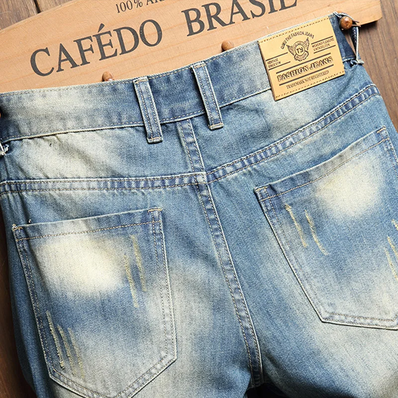 新しいリッピングストリートヴィンテージデニムショーツメンズ夏のヒップホップファッション穴スリム男性ショーツブランド服ストレートショートジーンズ