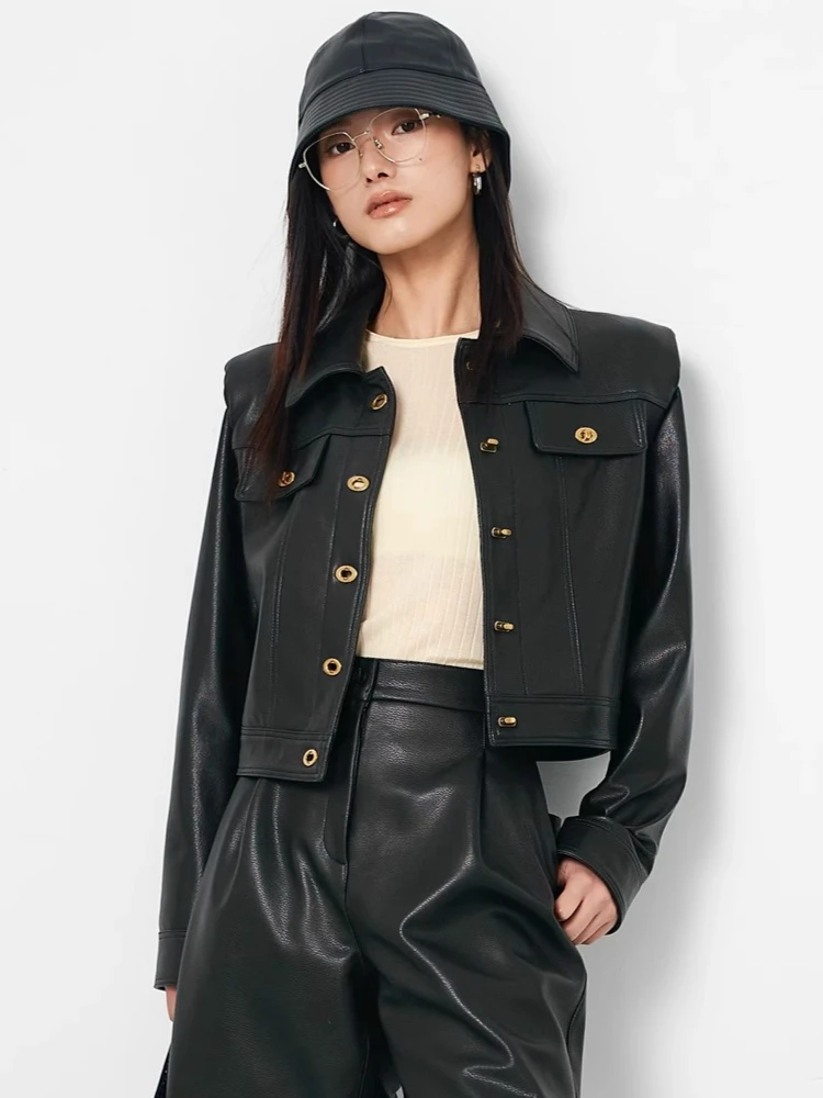 Elegant Genuine Leather Cropped Jackets Women Spring Autumn High-end Simple Shoulder Pad Design Soft Black Real Sheepskin Coat
