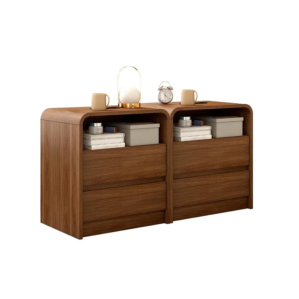 23.6" Walnut Mid Century Modern Nightstand Set of 2 Charging Station Anti-Collision 500LB Bedroom Side Table, Custom - view 2