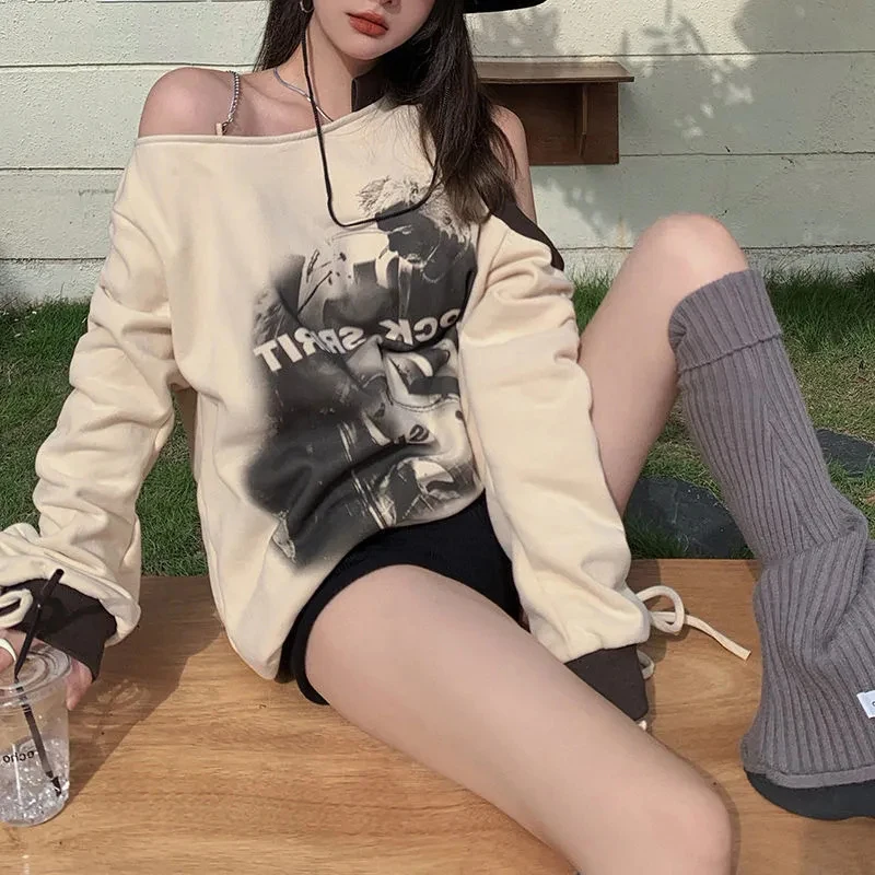 MEXZT Y2K Off Shoulder Hoodies Women Streetwear Oversized Print Sweatshirt Vintage Hollow Out Bandage Drawstring Pullovers Tops